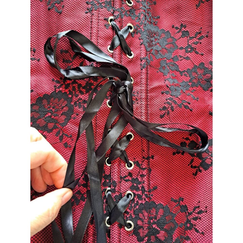 Gothic Red & Black Lace Off-Shoulder Corset Top Bell Sleeves Bustier Blouse 7XL - Picture 4 of 12